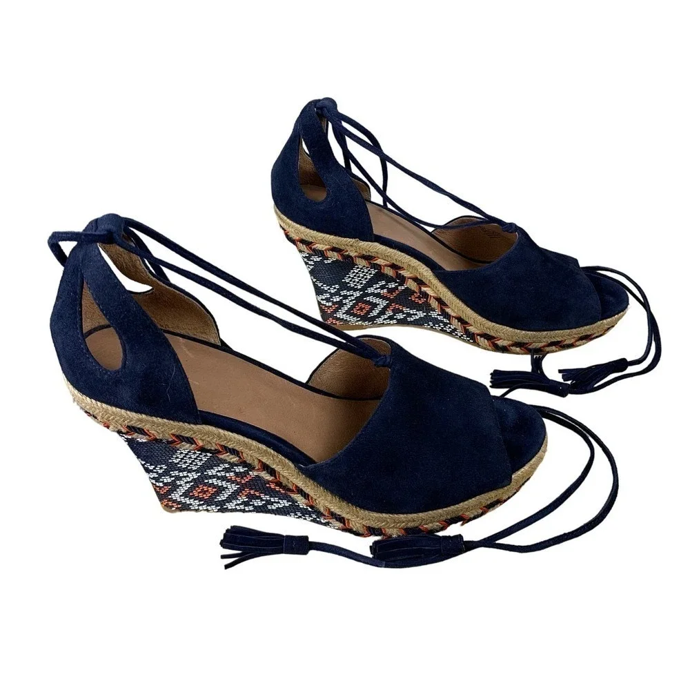Cabi Isla Navy Espadrille Wedges Size 8.5 Comfort Southwestern Resort